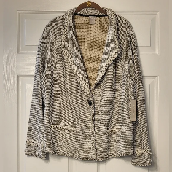 NWT Chico’s Women’s Cream/Black Long Sleeve Fringe Trim Sweater/Blazer Sz 3 (XL)